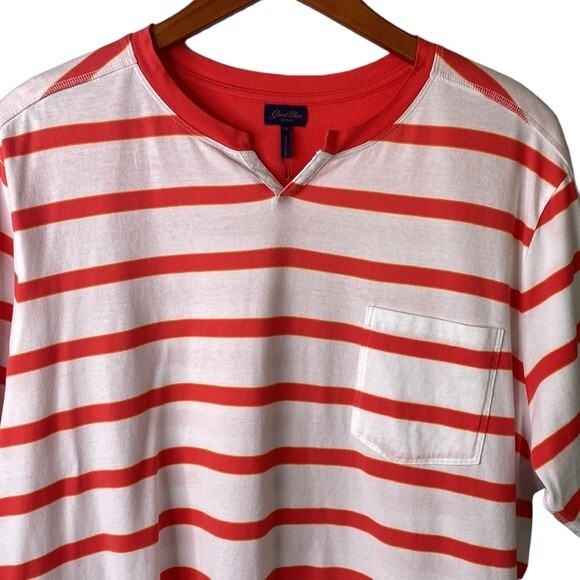 Good Man Brand Short Sleeve Split Neck Stripe Cotton Jersey Tee Top Pocket - Picture 3 of 15